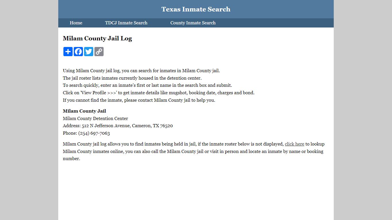 Milam County Jail Log